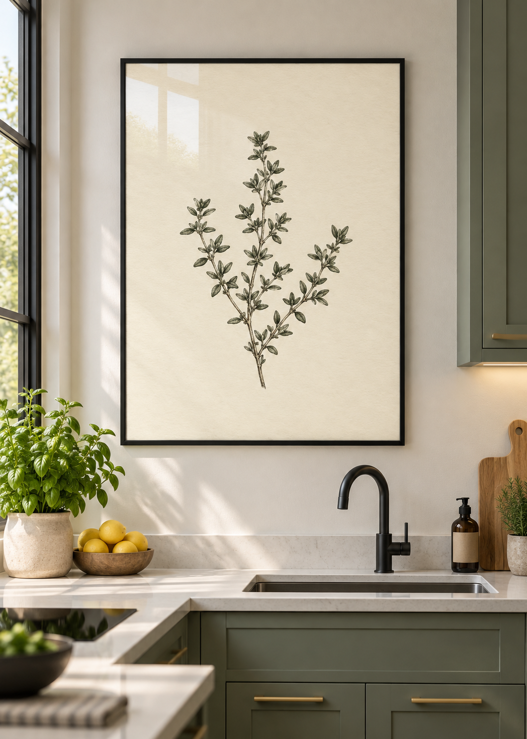 Thymian – Poster mit schwarzem Rahmen und Glas in moderner Küche