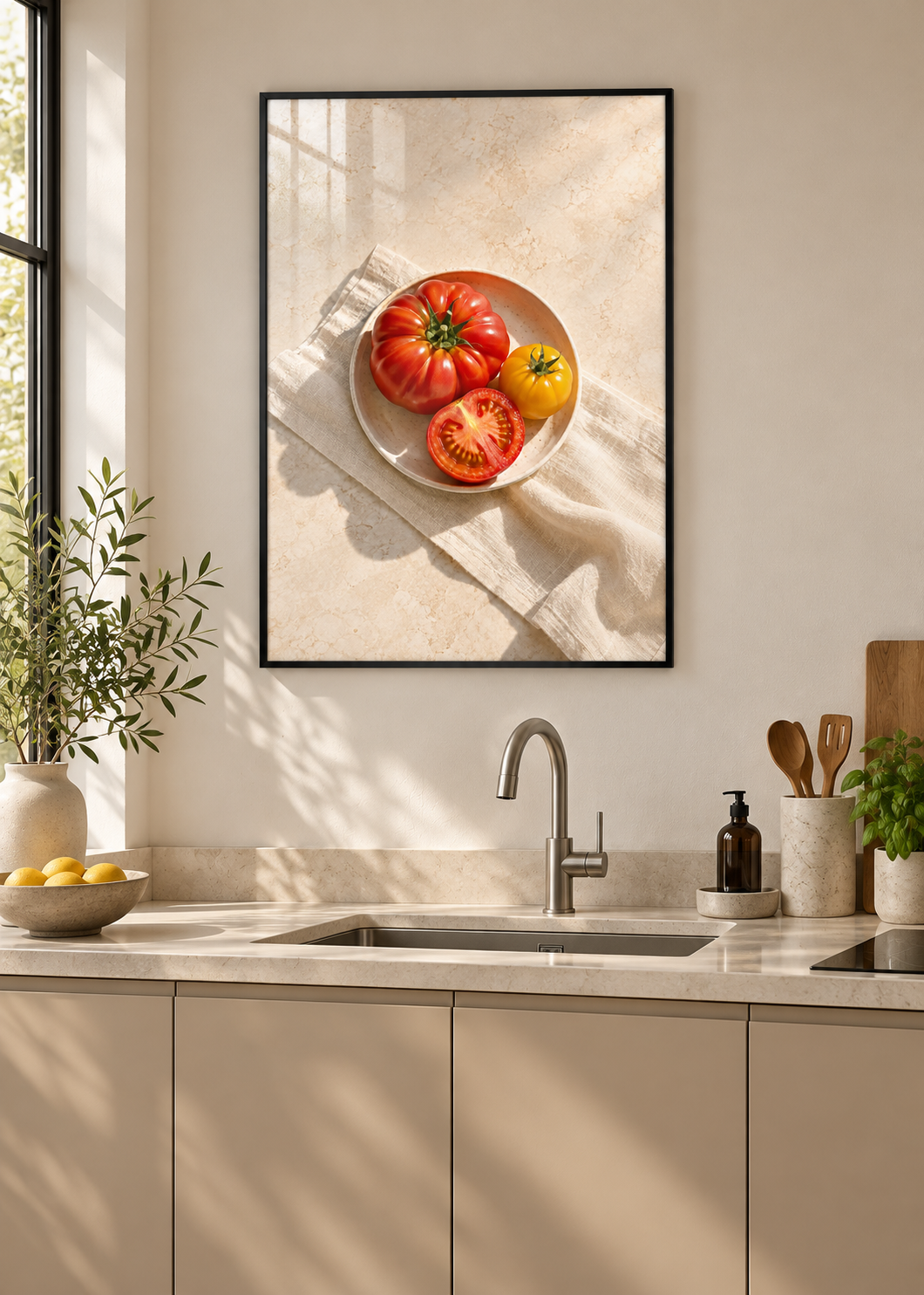 Tomaten im Sonnenlicht – Poster mit schwarzem Rahmen und Glas in moderner Küche