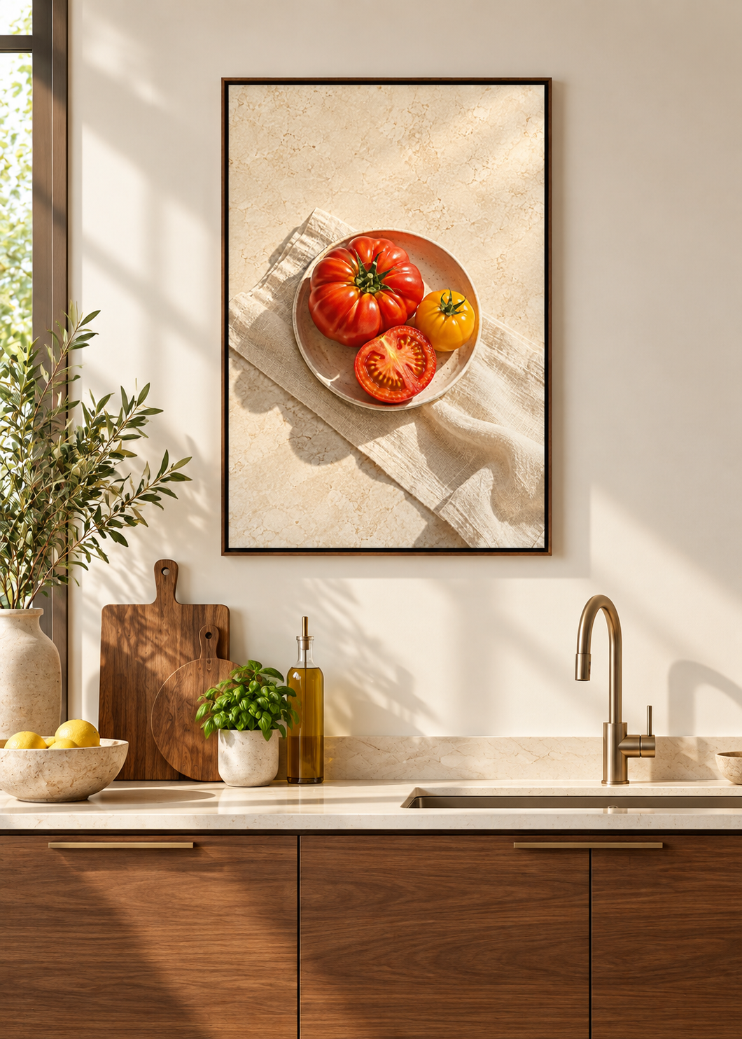 Tomaten im Sonnenlicht – Leinwand mit braunem Schattenfugenrahmen in moderner Küche