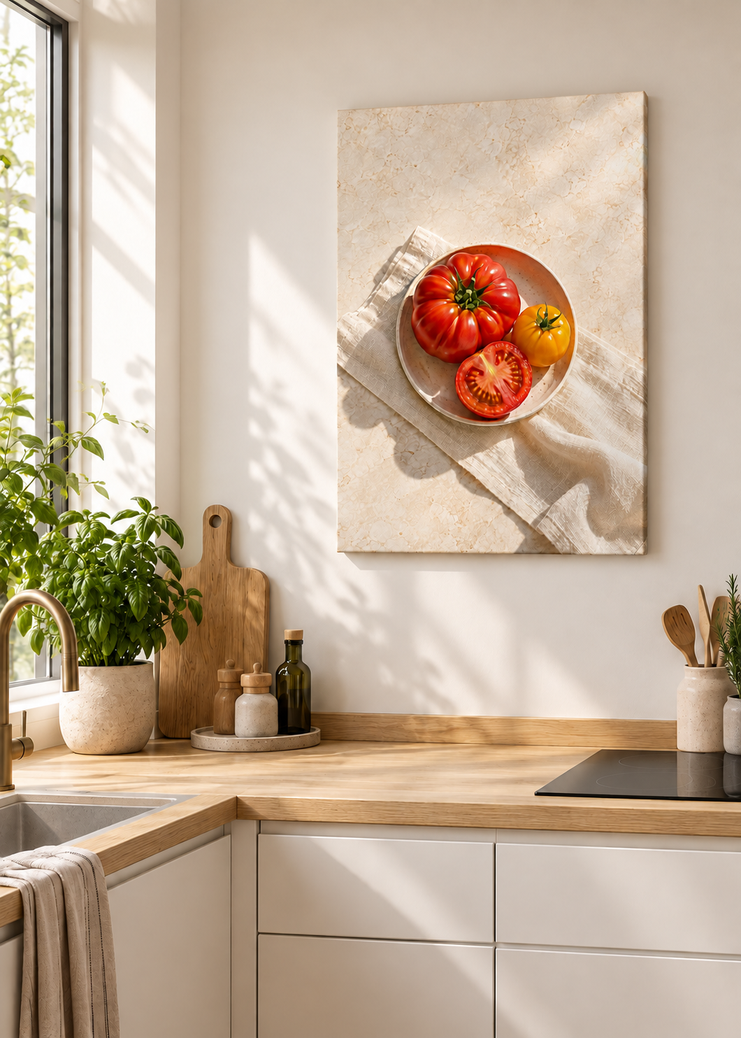 Tomaten im Sonnenlicht – Ungerahmte matte Leinwand Slim in moderner Küche