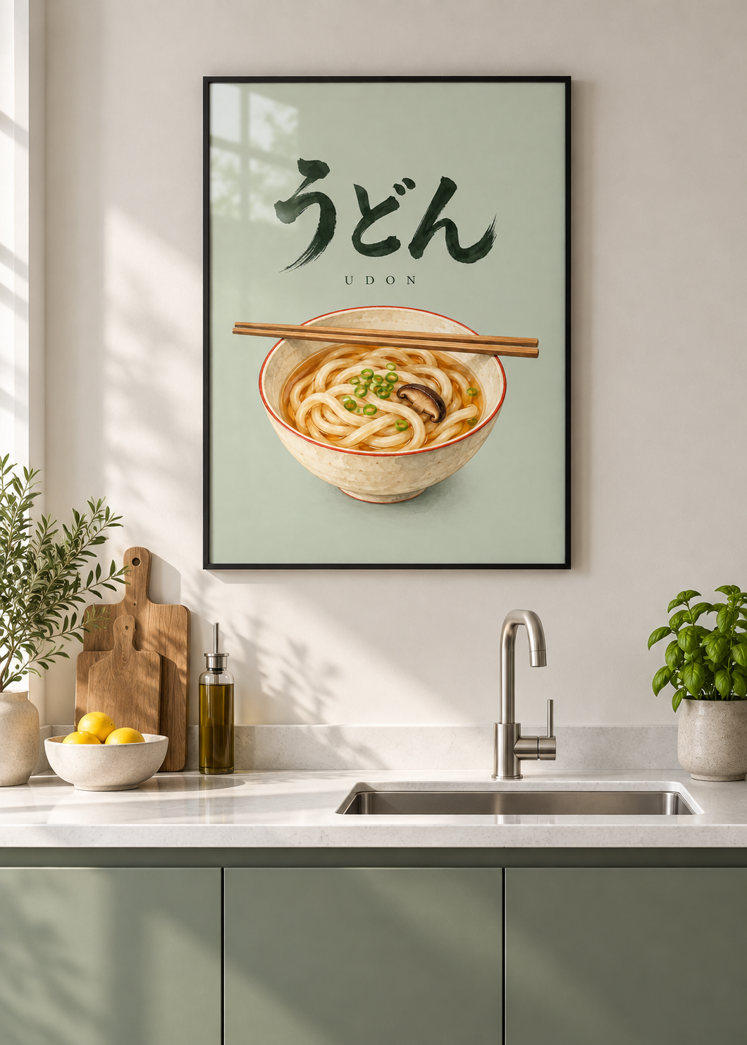 Udon – Poster mit schwarzem Rahmen und Glas in moderner Küche