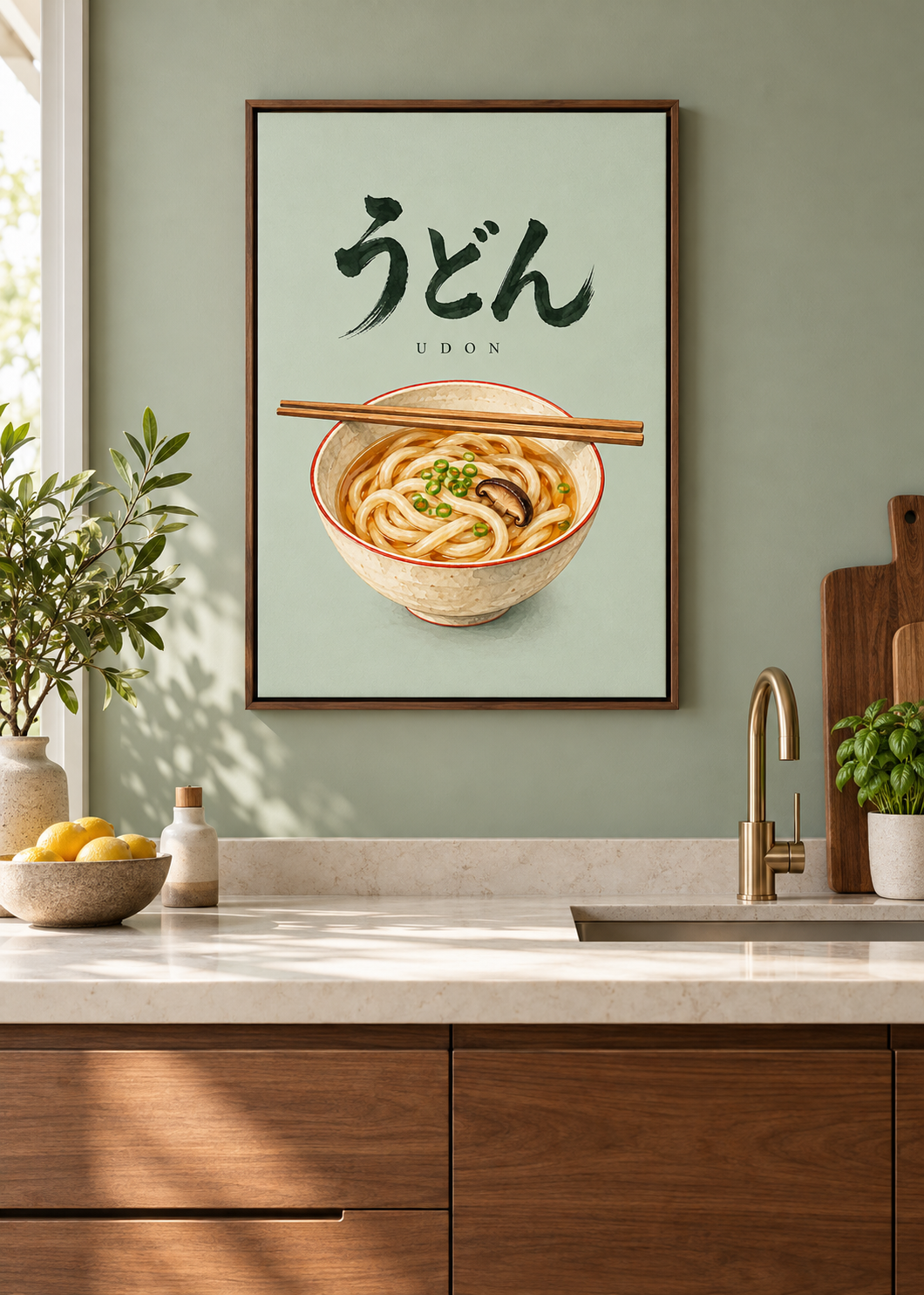 Udon – Leinwand mit braunem Schattenfugenrahmen in moderner Küche